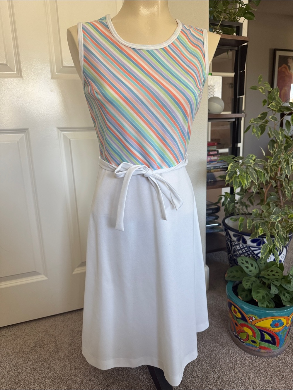 Vintage Multicolor Striped Bodice White Midi Dress